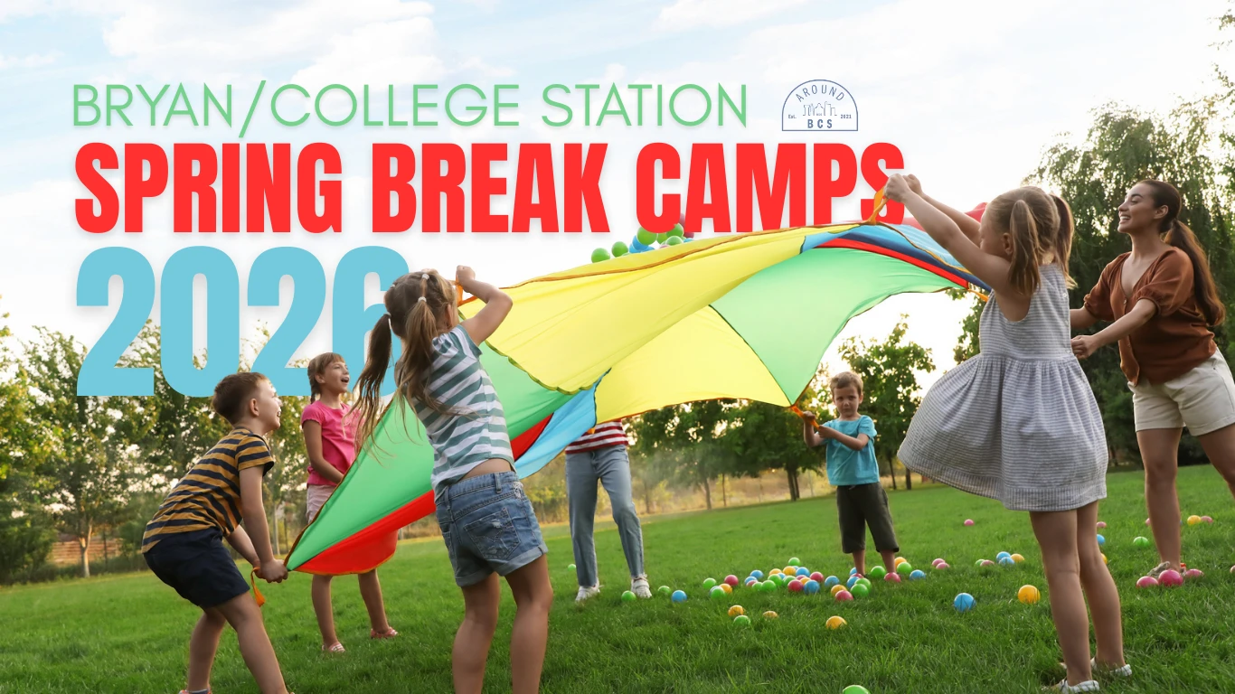 Bryan/College Station Spring Break Camps 2026 - Around BCS graphic showing kids playing with a colorful parachute outdoors in a park.
