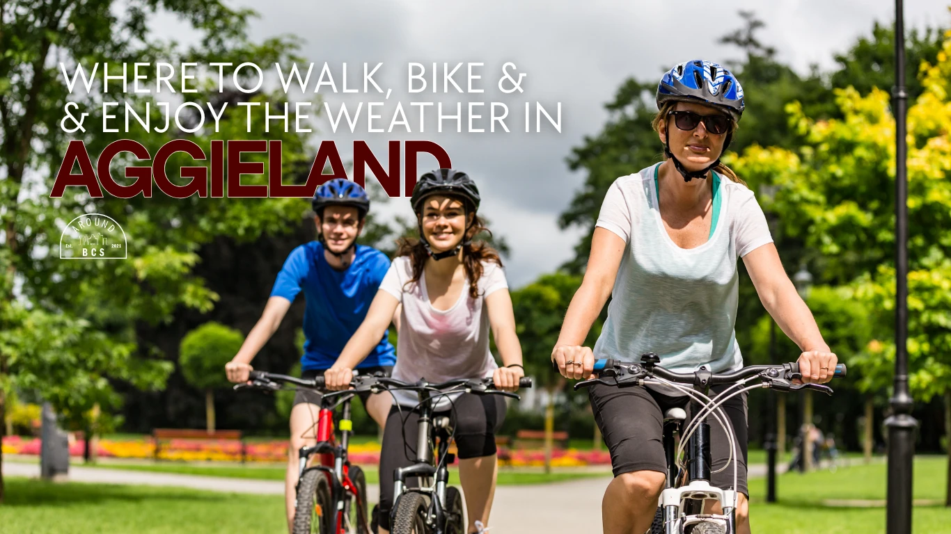 Best places to walk and bike in Aggieland with cyclists riding through a local park