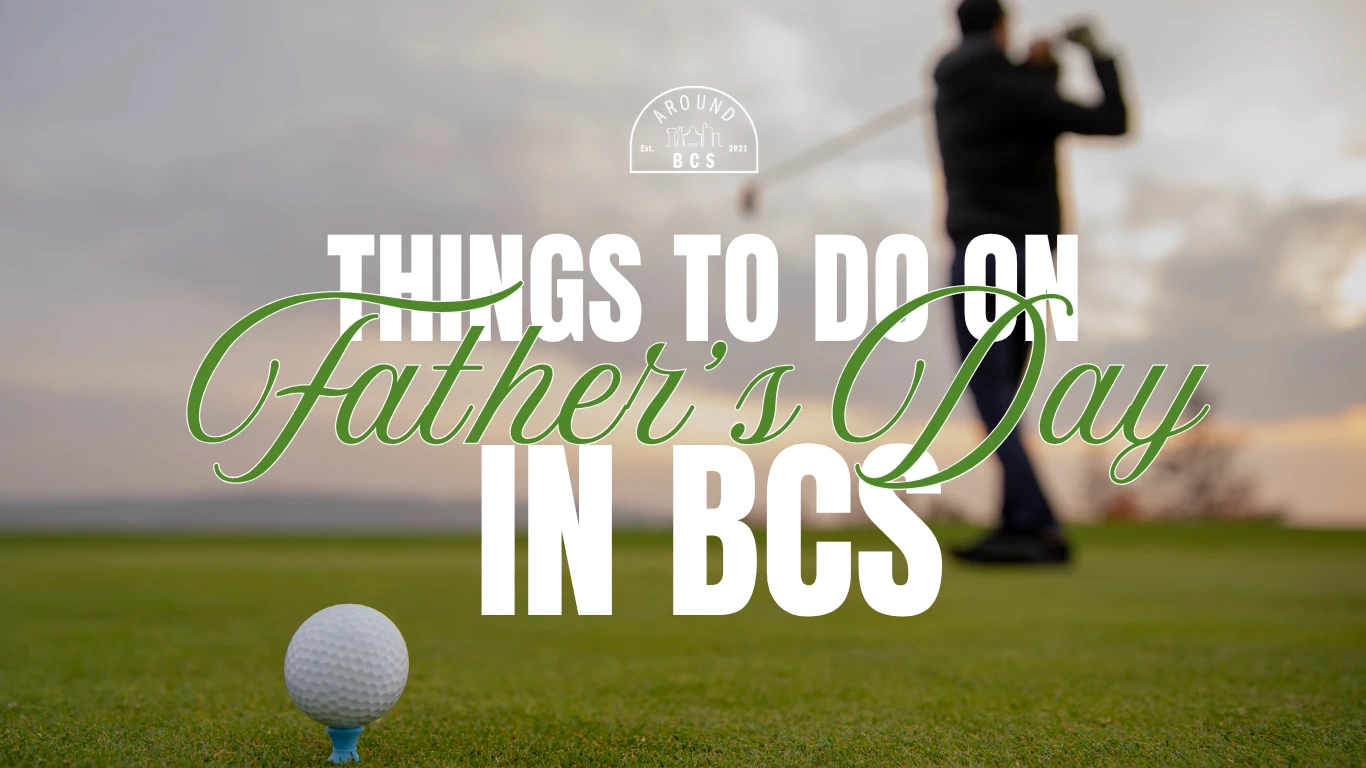 Best Father’s Day Events in BCS graphic featuring a golfer swinging on a golf course
